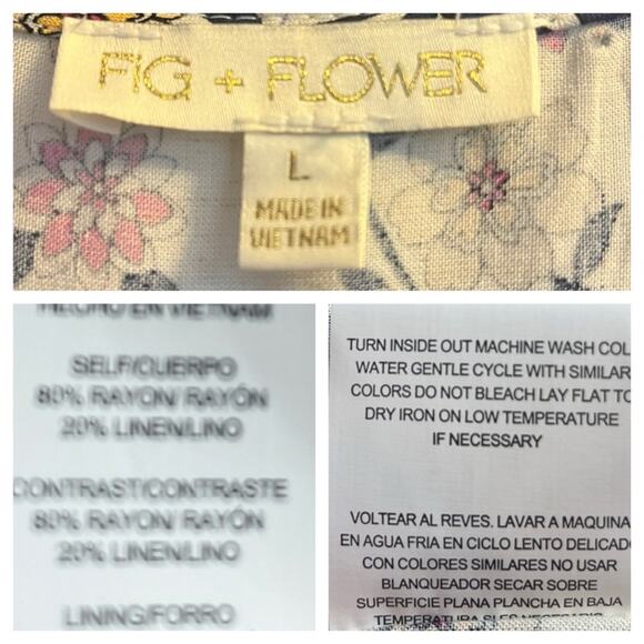 Fig + Flower New Midi Dress V-neck Puff Sleeve Cream Multi Women’s Size Large - Picture 11 of 13